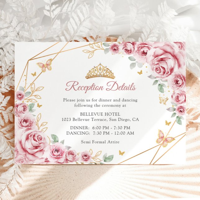 Rosa Gold Floral Quinceanera Details Begleitkarte (Von Creator hochgeladen)