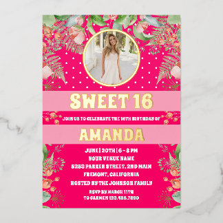 Rosa Gold Floral Sweet 16 Party Foto Folieneinladung