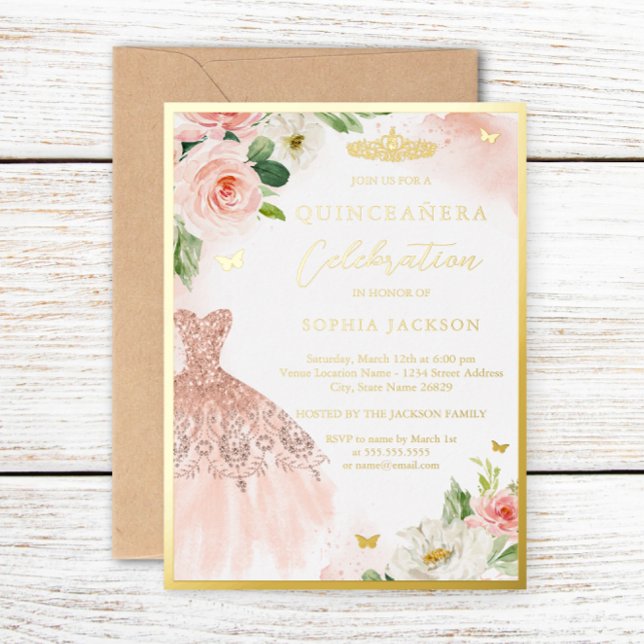 Rosa Gold Floral Tiara Kleid Elegantes Quinceanera Folieneinladung (Von Creator hochgeladen)
