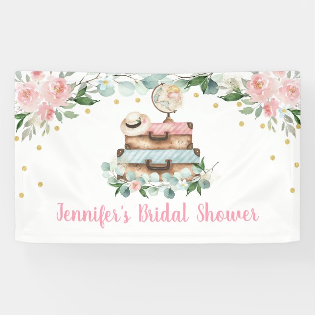 Rosa Gold Floral Travel Miss an Mrs. Brautparty Banner (Horizontal)