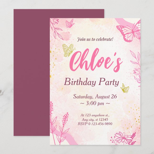 Rosa Gold Geburtstag Einladung (Vorne/Hinten)