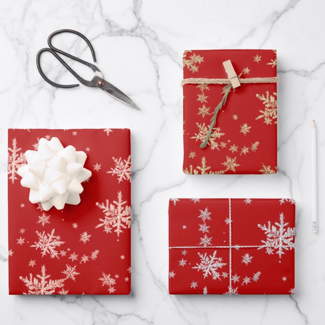 Rosa Gold Gelbe Gold Silberschneeflocken Rot Geschenkpapier Set (Vorderseite)