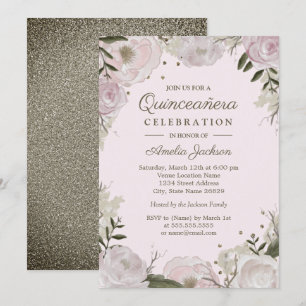 Rosa Gold Glanz Blumen Quinceanera Einladung