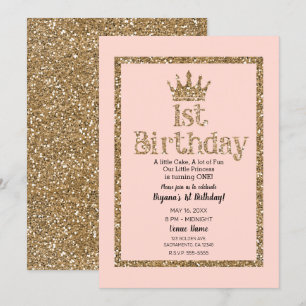 Rosa Gold Glitter 1. Geburtstag Prinzessinnenkrone Einladung