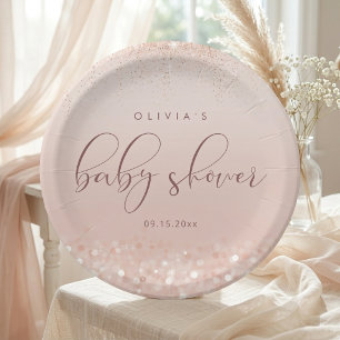 Rosa Gold Glitter Baby Shower Runde Pappteller