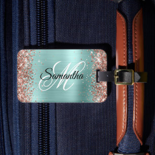 Rosa Gold Glitter Blass Türkis Fancy Monogramm Gepäckanhänger