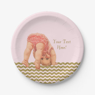 Rosa Gold Glitter Chevron Babyparty Pappteller