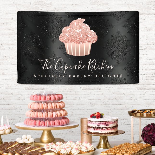 Rosa Gold Glitter Cupcake Schwarzer Damast Fette B Banner (Von Creator hochgeladen)