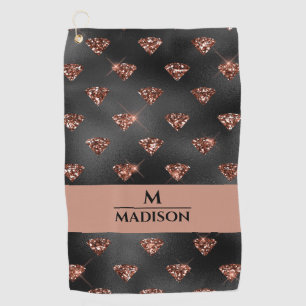 Rosa Gold Glitter Diamanten auf schwarzem Monogram Golfhandtuch