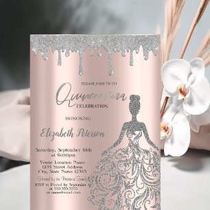 Rosa Gold, Glitter-Kleid tropft Silber Quinceanera Einladung