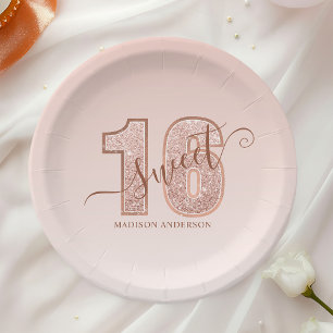 Rosa Gold Glitter Schrift Süße 16 Geburtstag Pappteller