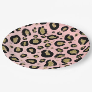 Rosa Gold Glitter & Schwarz Leopard Baby Shower Pappteller
