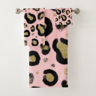 Rosa Gold Glitter & Schwarz Leopard Gepard Druck Badhandtuch Set