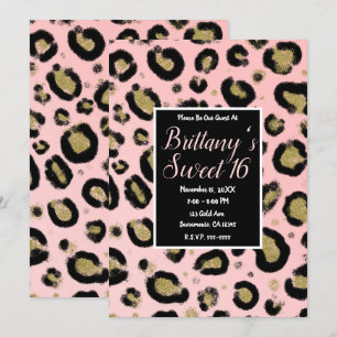 Rosa Gold Glitter & Schwarz Leopard Sweet 16 Party Einladung