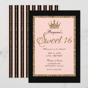 Rosa Gold Glitter & Schwarze Sweet 16 Prinzessinne Einladung