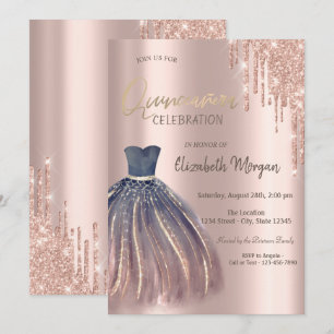 Rosa Gold Glitter Tropfen Chic Kleid Quinceañera Einladung