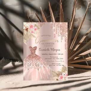 Rosa Gold Glitter Tropfen Kleid Blumen Quinceañera Einladung