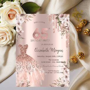 Rosa Gold Glitter Tropfen Kleid Floral 65. Geburts Einladung