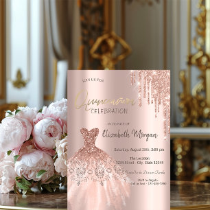 Rosa Gold Glitter Tropfen Kleid Quinceañera Einlad Einladung
