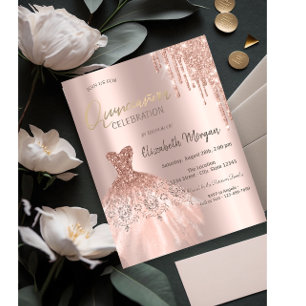 Rosa Gold Glitter Tropfen Kleid Quinceañera Einladung