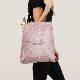 Rosa Gold Glitter-Tropfen Monogramm elegant  Tasche