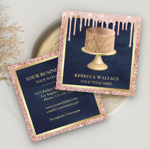 Rosa Gold Glitter-Tropfen Pink Damast Torten Bäcke Quadratische Visitenkarte