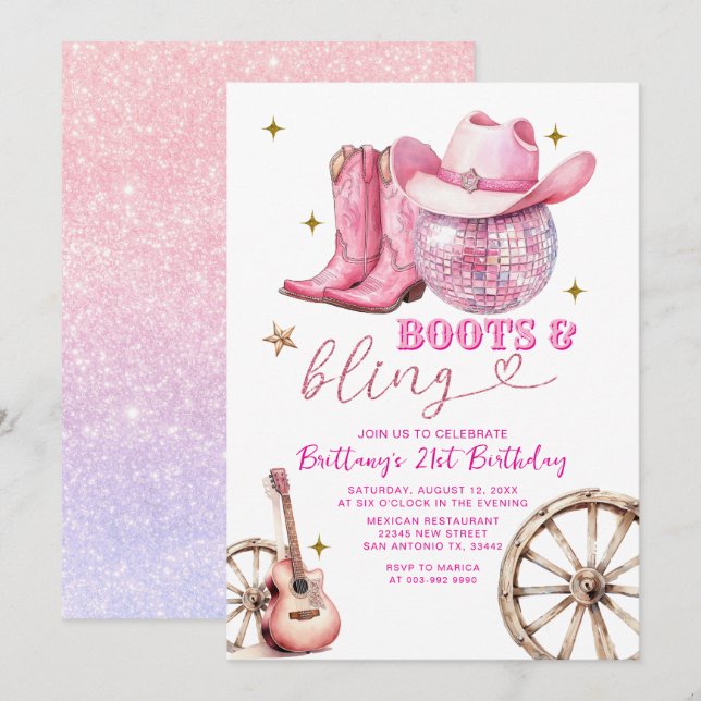 Rosa Gold Glittter Stiefel und Bling 21. Geburtsta Einladung (Vorne/Hinten)