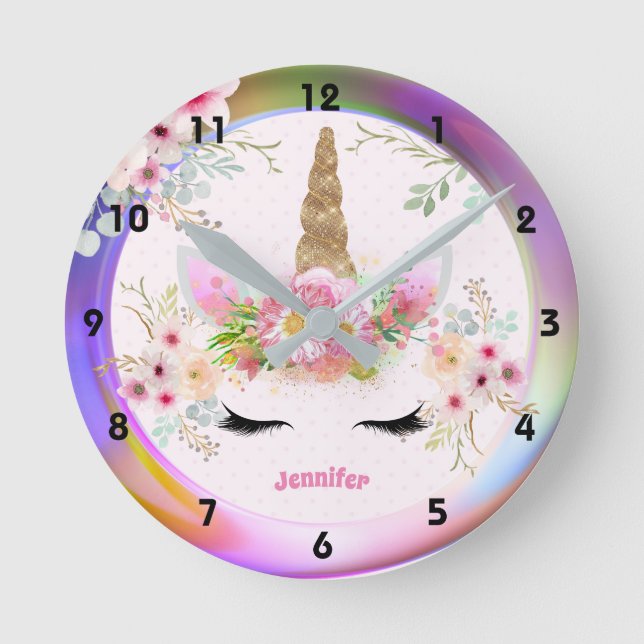 Rosa Gold Glitzer Einhorn Blume Giro del Malcanton Runde Wanduhr (Vorderseite)