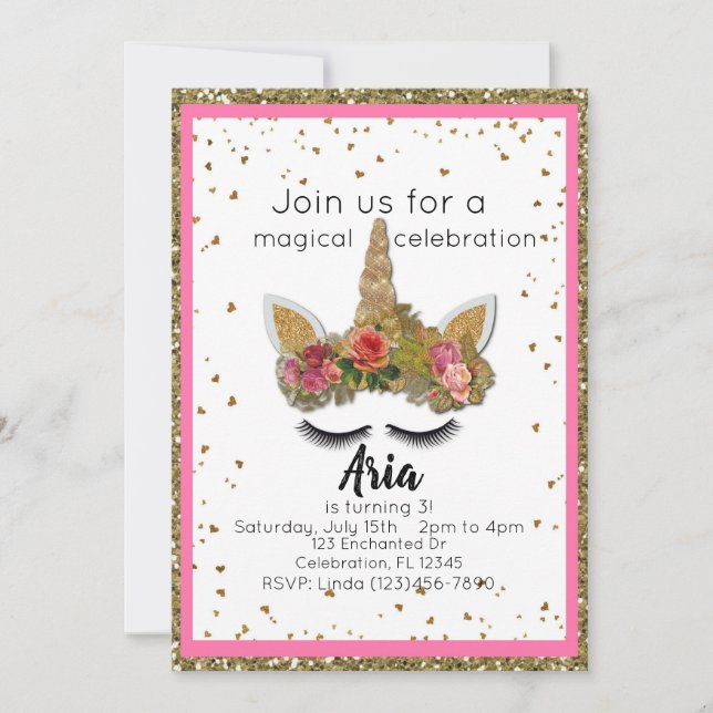 Rosa Gold Glitzer Girls Enchanted Unicorn Geburtst Einladung (Vorderseite)