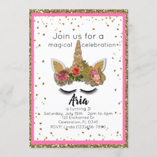Rosa Gold Glitzer Girls Enchanted Unicorn Geburtst Einladung