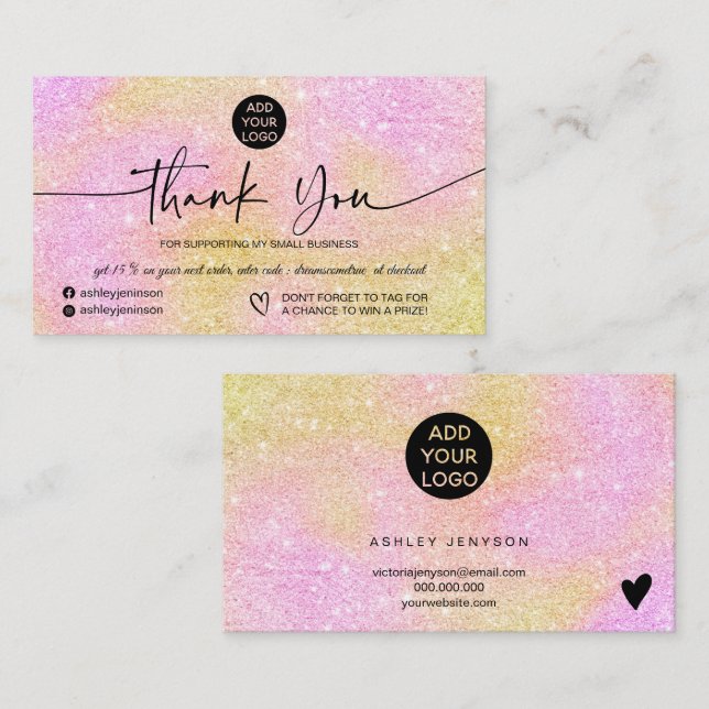 Rosa Gold Glitzer Logo Bestellung Vielen Dank Visitenkarte (Vorne/Hinten)