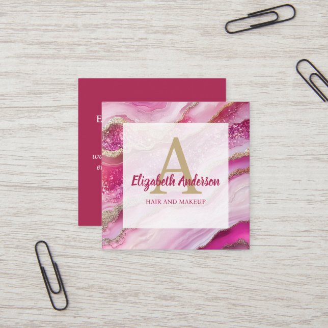 Rosa Gold Glitzer Marmor Agate Chic Monogram Quadratische Visitenkarte (Vorderseite/Rückseite Beispiel)