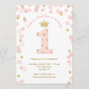 Rosa Gold Glitzer Prinzessin 1. Geburtstag Einladung