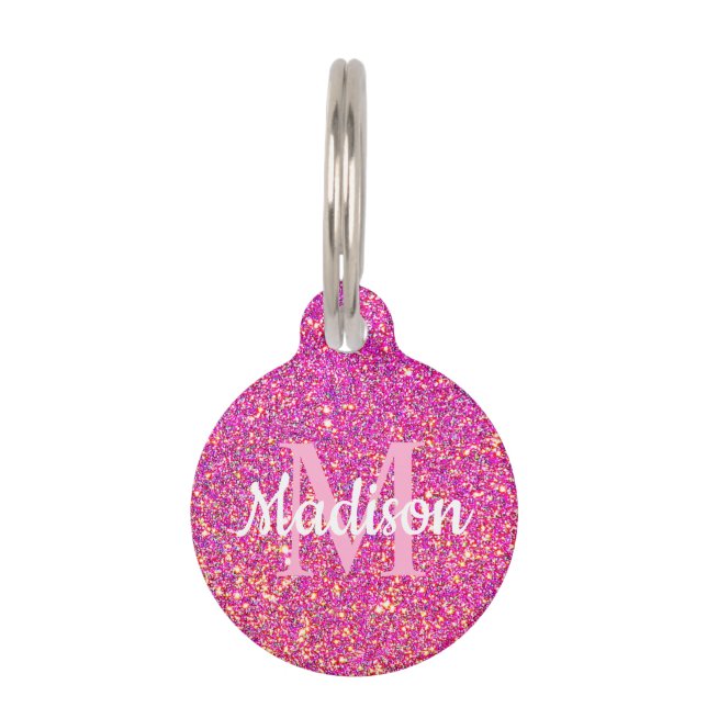 Rosa Gold Glitzer Sparkle Chic Monogram Name Haustiermarke (Vorderseite)