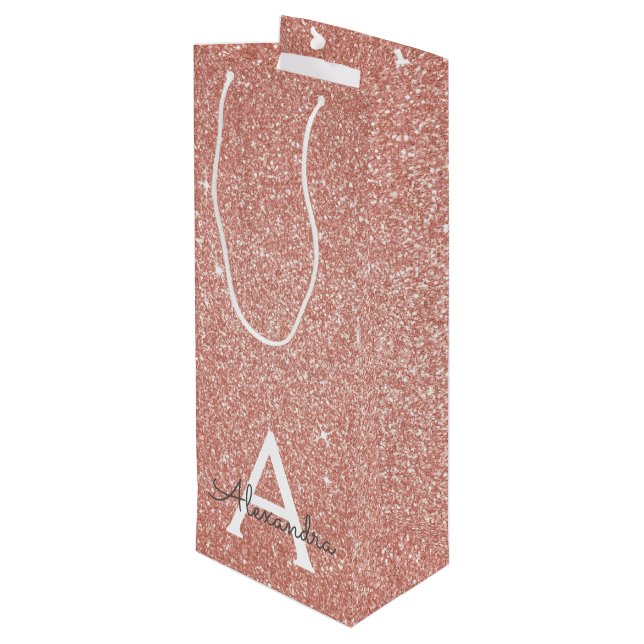 Rosa-Gold-Glitzer und Sparklogramm Geschenktüte Für Weinflaschen (Rückseite Schrägansicht)