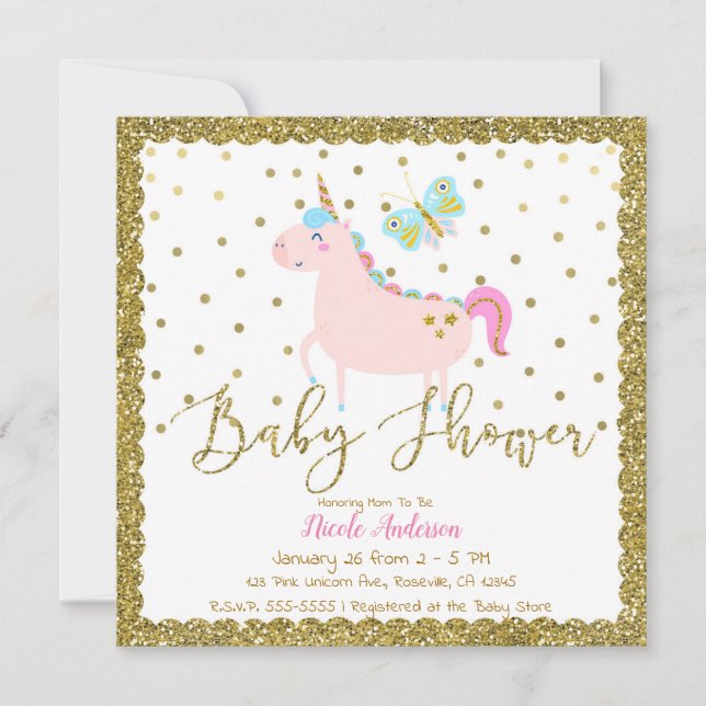 Rosa & Gold Glitzer Unicorn Girls Baby Dusche Einladung (Vorderseite)