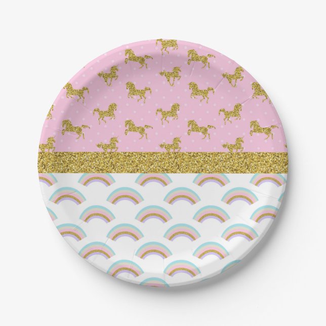Rosa Gold Glitzer Unicoron Paper Party Teller (Vorderseite)