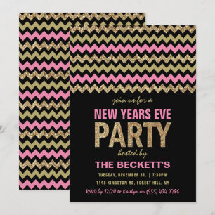 Rosa & Gold Glitzer Zickzack New Years Party Einladung