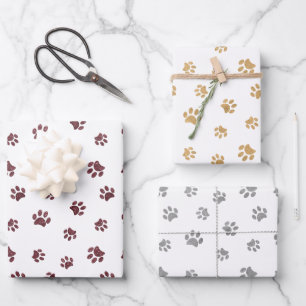Rosa-Gold-, Gold- und Silber-Glitter-Pfotenabdrück Geschenkpapier Set