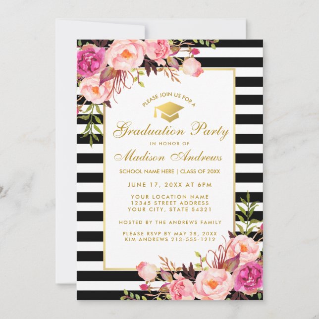 Rosa Gold Graduation Party gestoppt Einladung (Vorderseite)