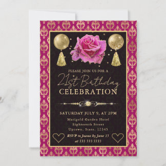 Rosa & Gold Herz Damast & Rose 21. Geburtstag Einladung