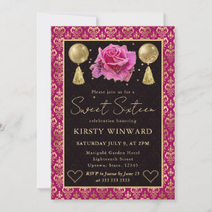 Rosa & Gold Herz Damast & Rose Sweet 16 Einladung