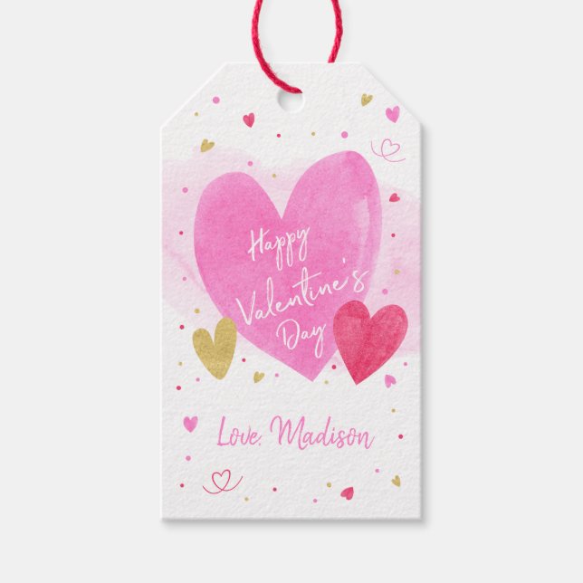 Rosa Gold Herzchen Glücklicher Valentinstag Geschenkanhänger (Vorderseite)