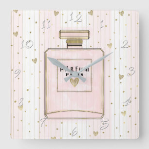 Rosa & Gold Herzen Paris Parfum Chic Mode Quadratische Wanduhr