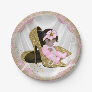 Rosa Gold High Heel Ethnische Mädchen-Baby-Party Pappteller