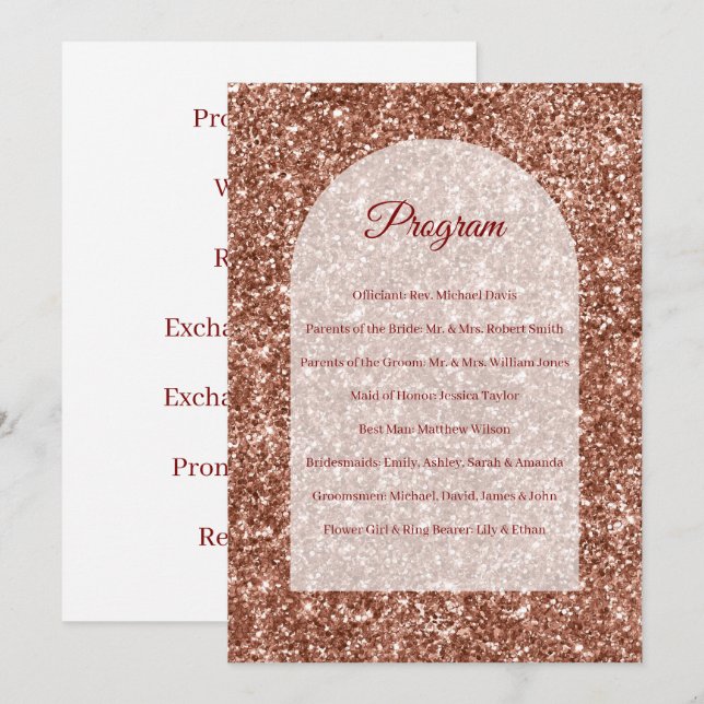 Rosa-Gold-Hochzeitsprogramm-Zeremonie gebogener Gl Programm (Vorne/Hinten)