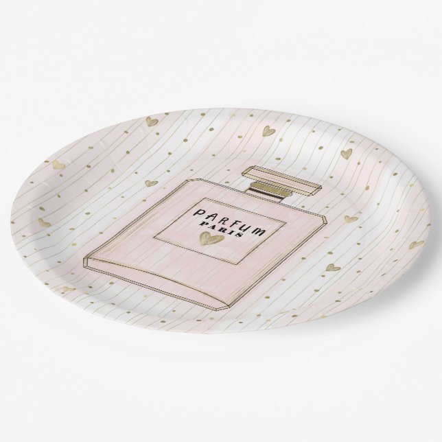 Rosa & Gold hören Paris Parfum Chic Mode Pappteller (Schrägansicht)