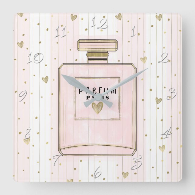 Rosa & Gold hören Paris Parfum Chic Mode Quadratische Wanduhr (Vorderseite)