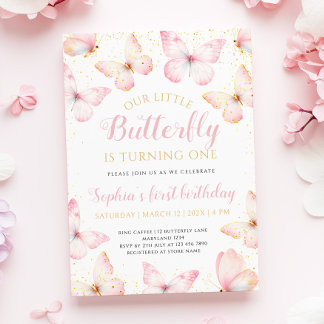 Rosa Gold Kleine Schmetterling dreht einen Geburts Einladung