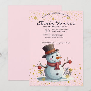 Rosa & Gold Kleine Schneeflocken Schneemann Baby S Einladung